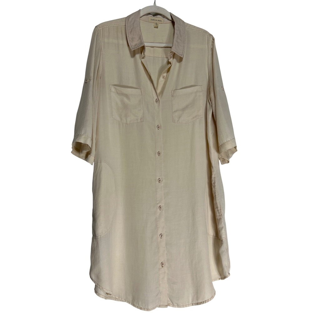 Cloth & Stone Anthropologie Button Down Shirt Dress Cream Beige Sz Large EUC